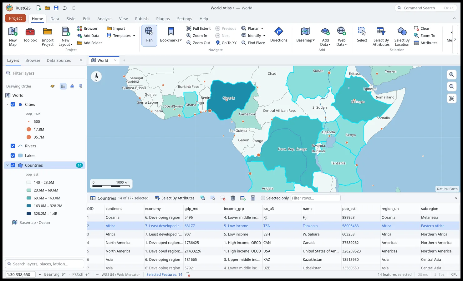 The attribute table docked under the map: the 14 African countries of more than 30 million people, selected by attributes, highlighted on the map and in the table