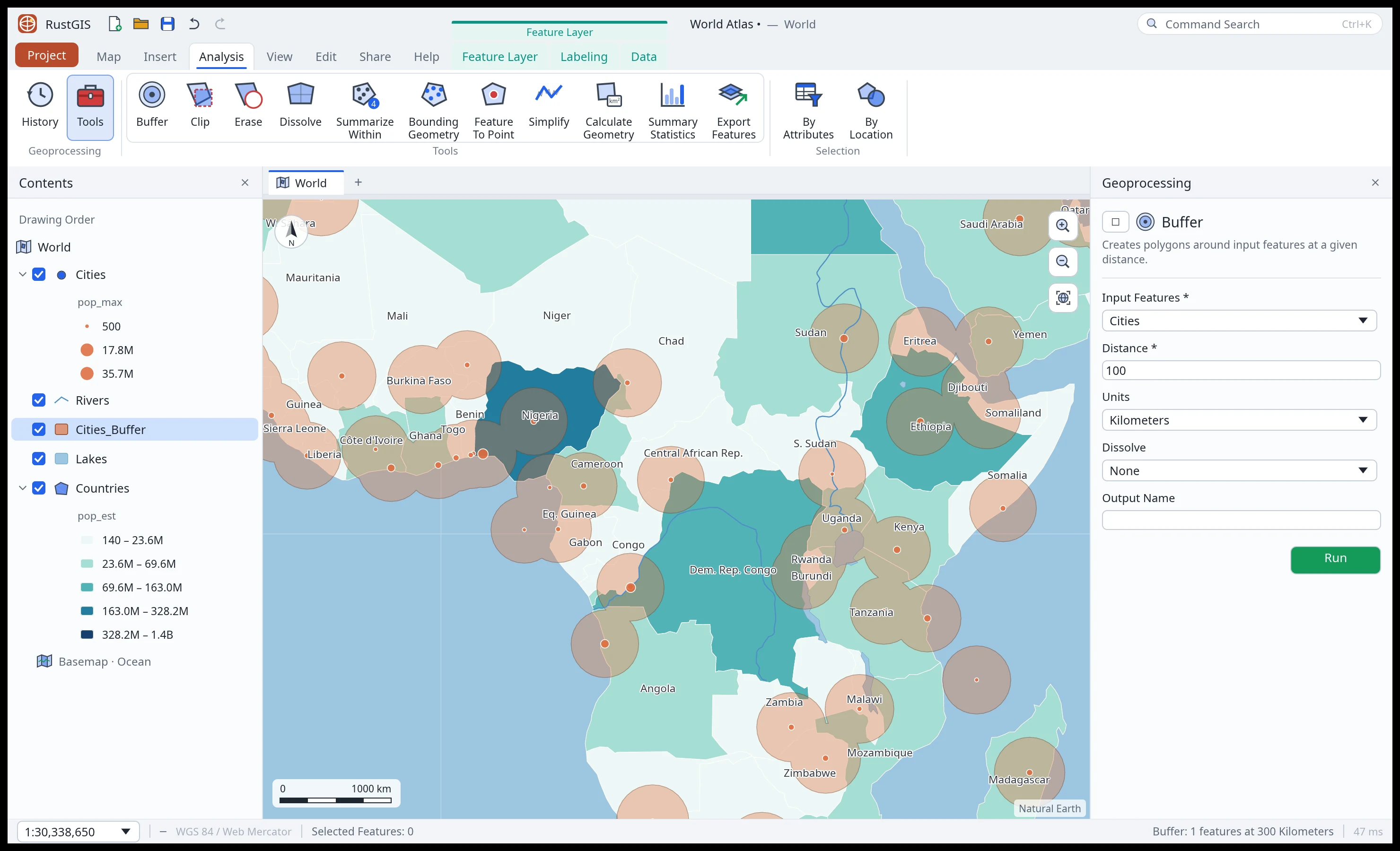 The Analysis tab's tool gallery and dissolved buffers around African cities