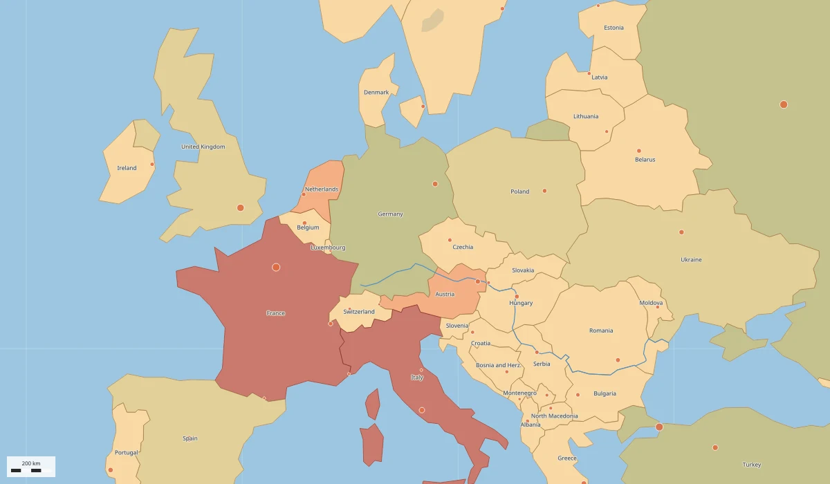 A map of Europe exported by rustgis-cli