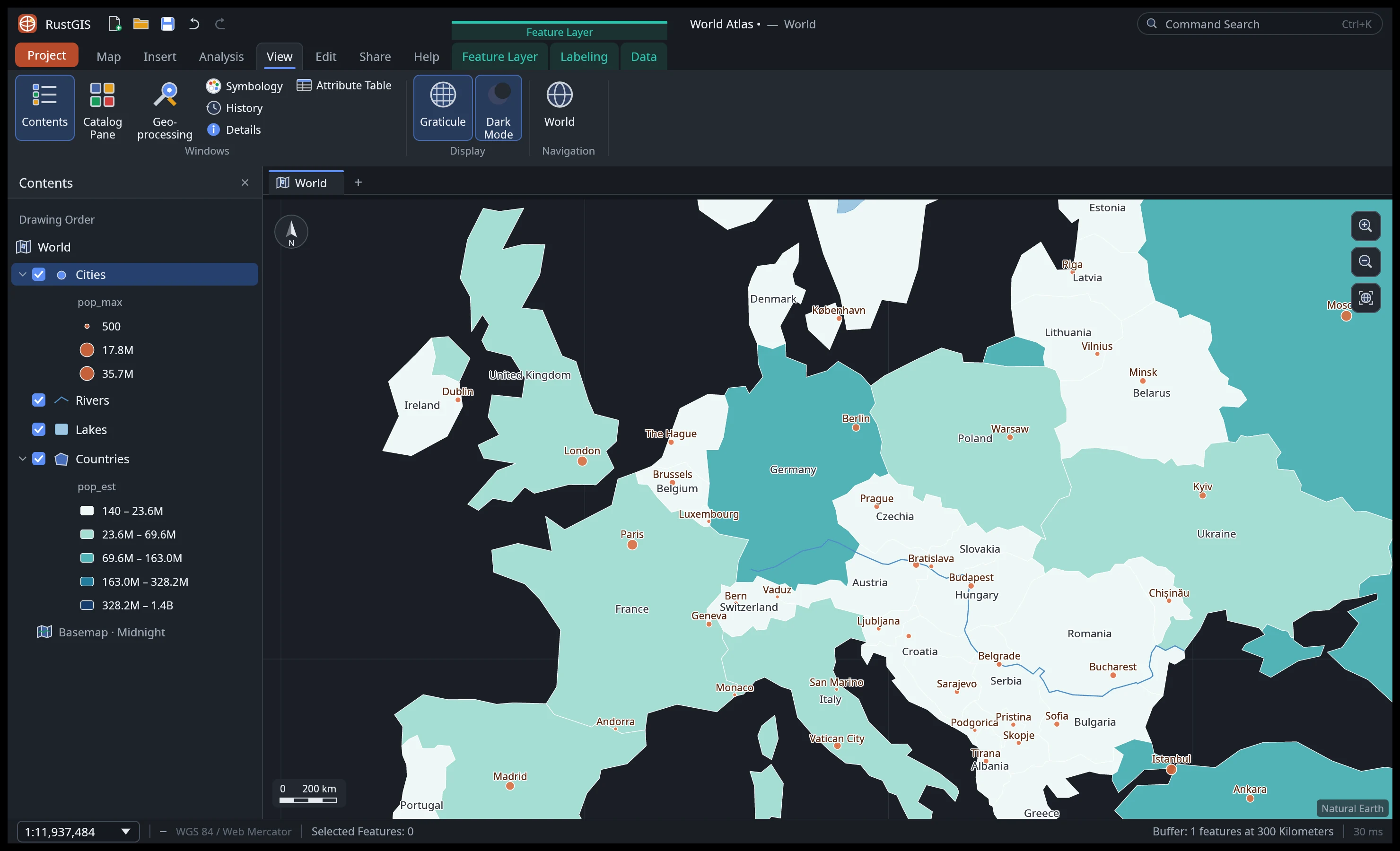 Dark mode over Europe on the Midnight basemap