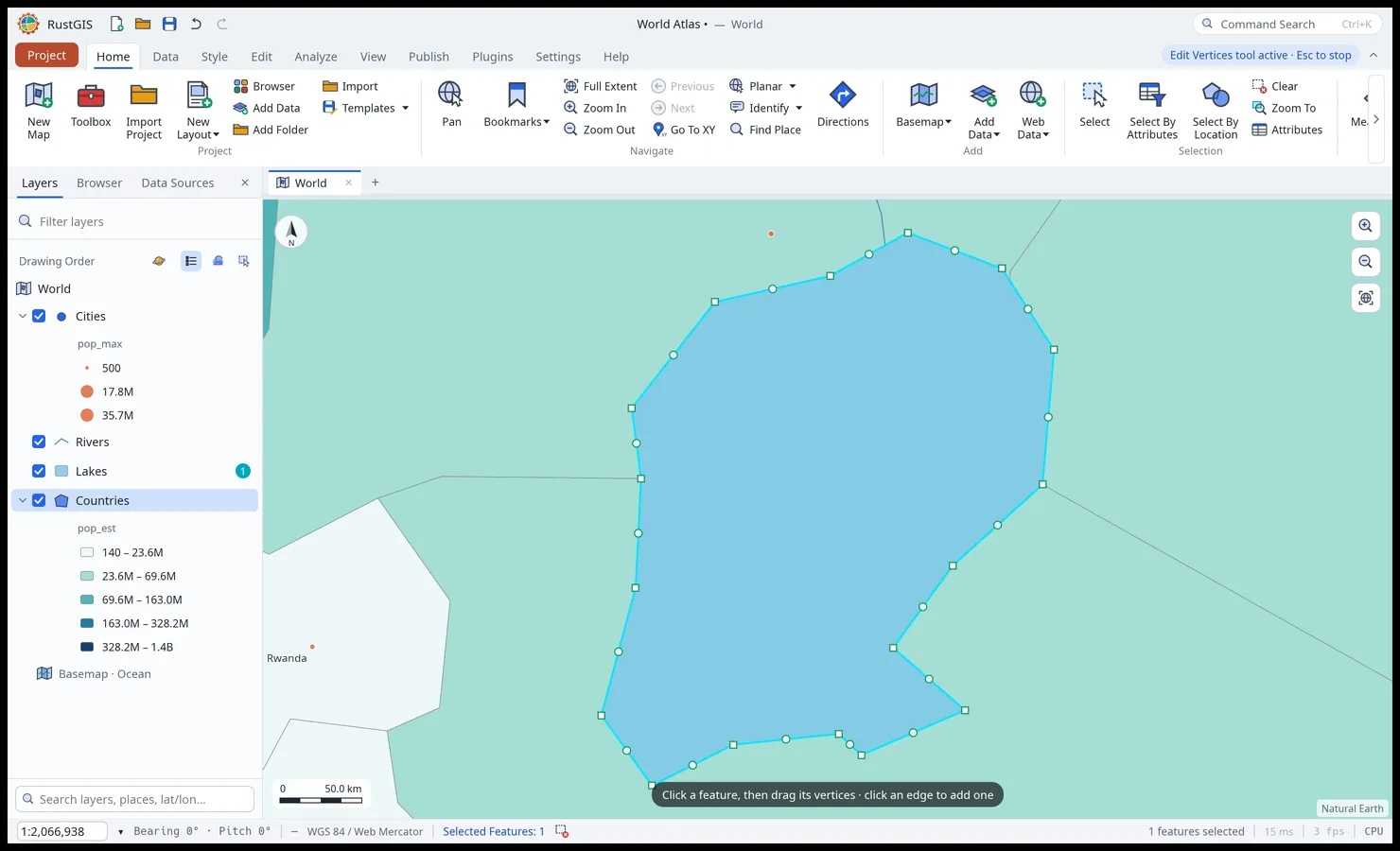 Edit Vertices on Lake Victoria: square vertex handles and round midpoint handles around the selected lake