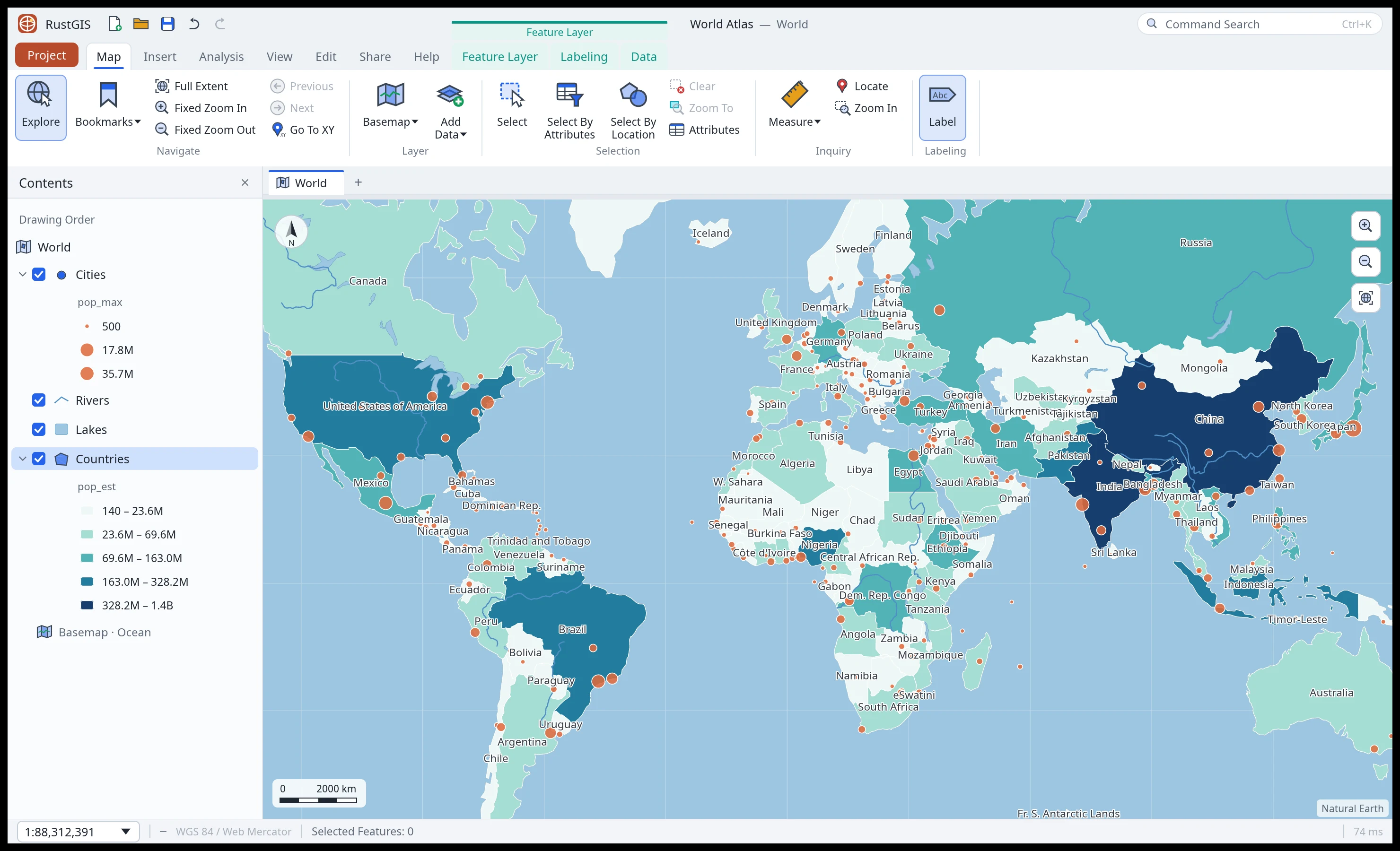 RustGIS with the Map tab of the ribbon open over a world map of countries shaded by population