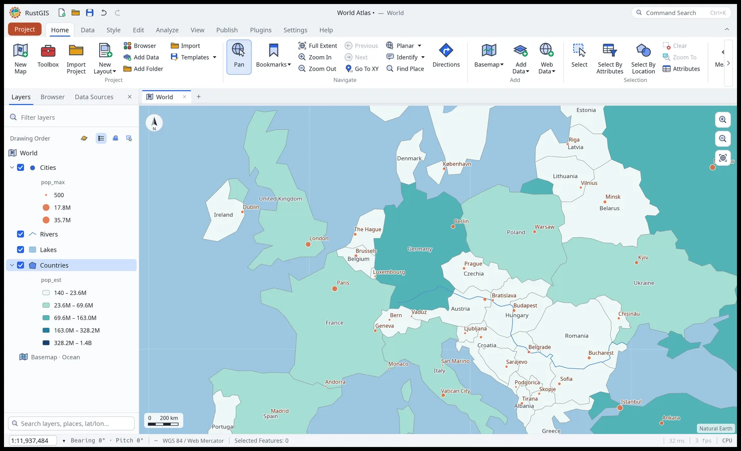 Europe with the Countries and Cities labelled; the city names sit above and to the right of their points
