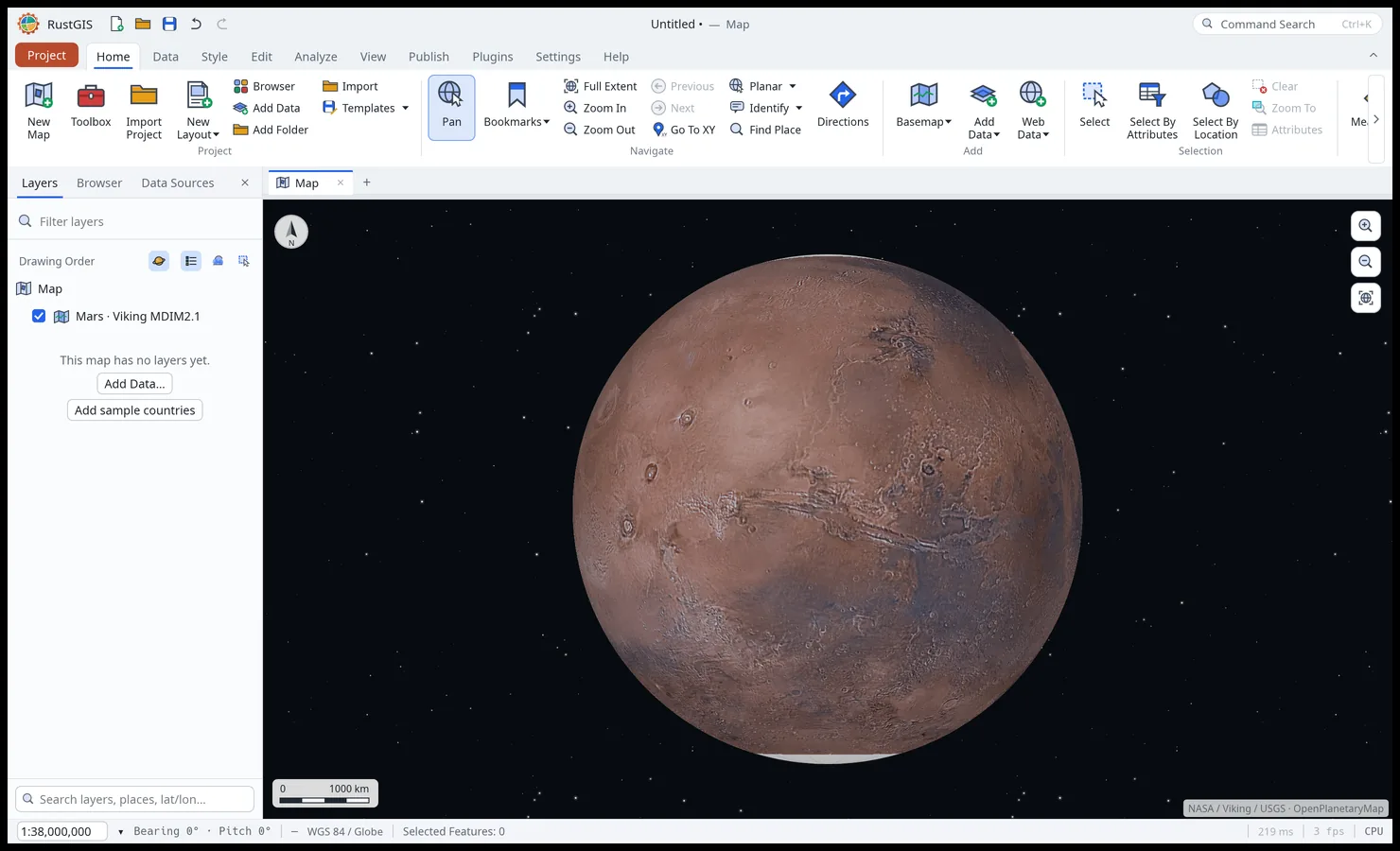 Mars on the 3D globe, on the Viking mosaic, with Valles Marineris across the middle