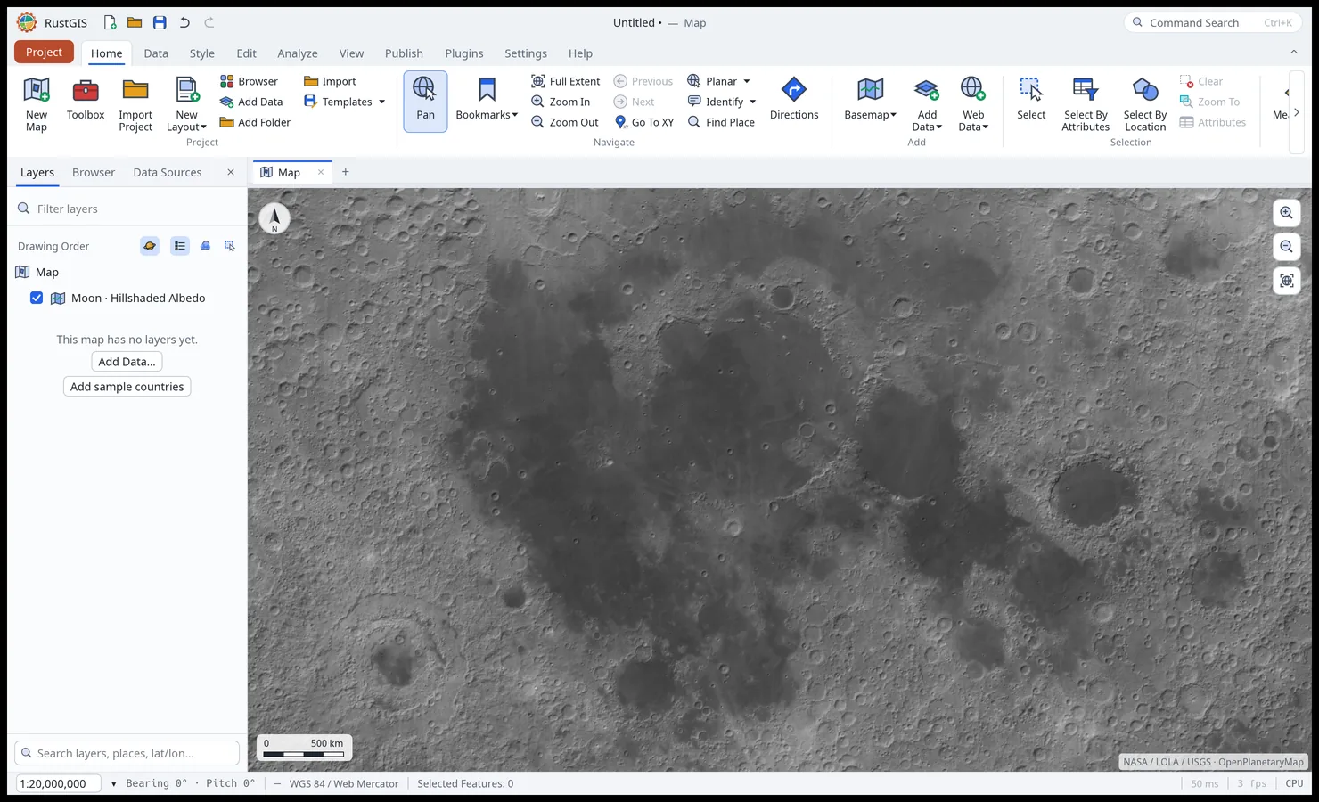 The Moon's near side on the LOLA hillshaded albedo basemap, its maria dark among the cratered highlands