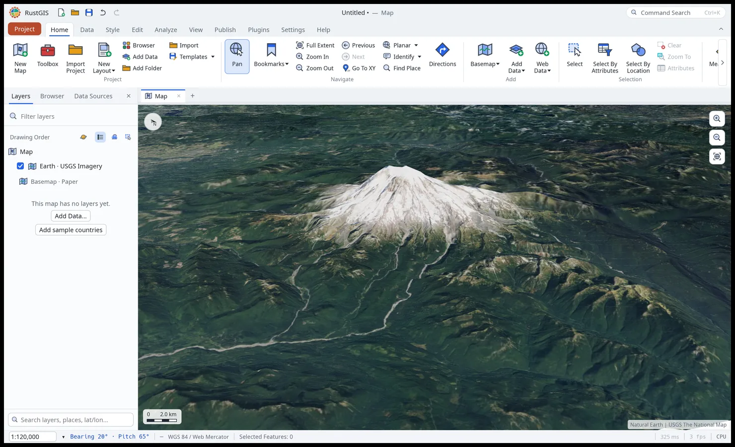 Mount Rainier in USGS imagery draped over elevation tiles, the map tilted 65°