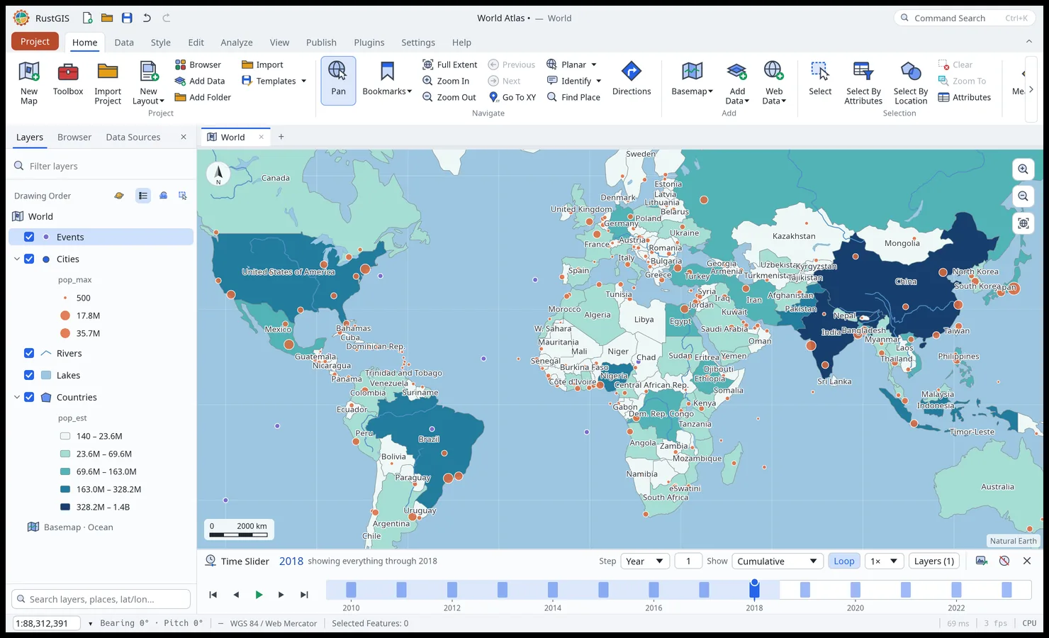 The Time Slider under the map at 2018, showing a layer of dated events cumulatively, with a bar for each year