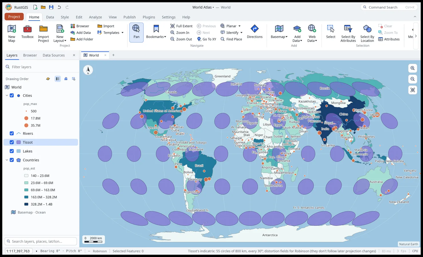 Tissot's indicatrix on the Robinson projection: circles of 800 km every 30°, stretched and sheared toward the poles